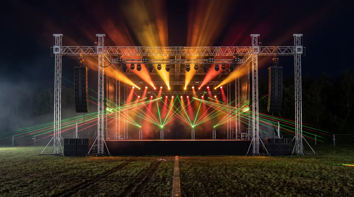 Open-Air-Bühne bei Nacht mit Traversen, Line-Arrays, orangefarbenen Lichtstrahlen und grünen und roten Lasern