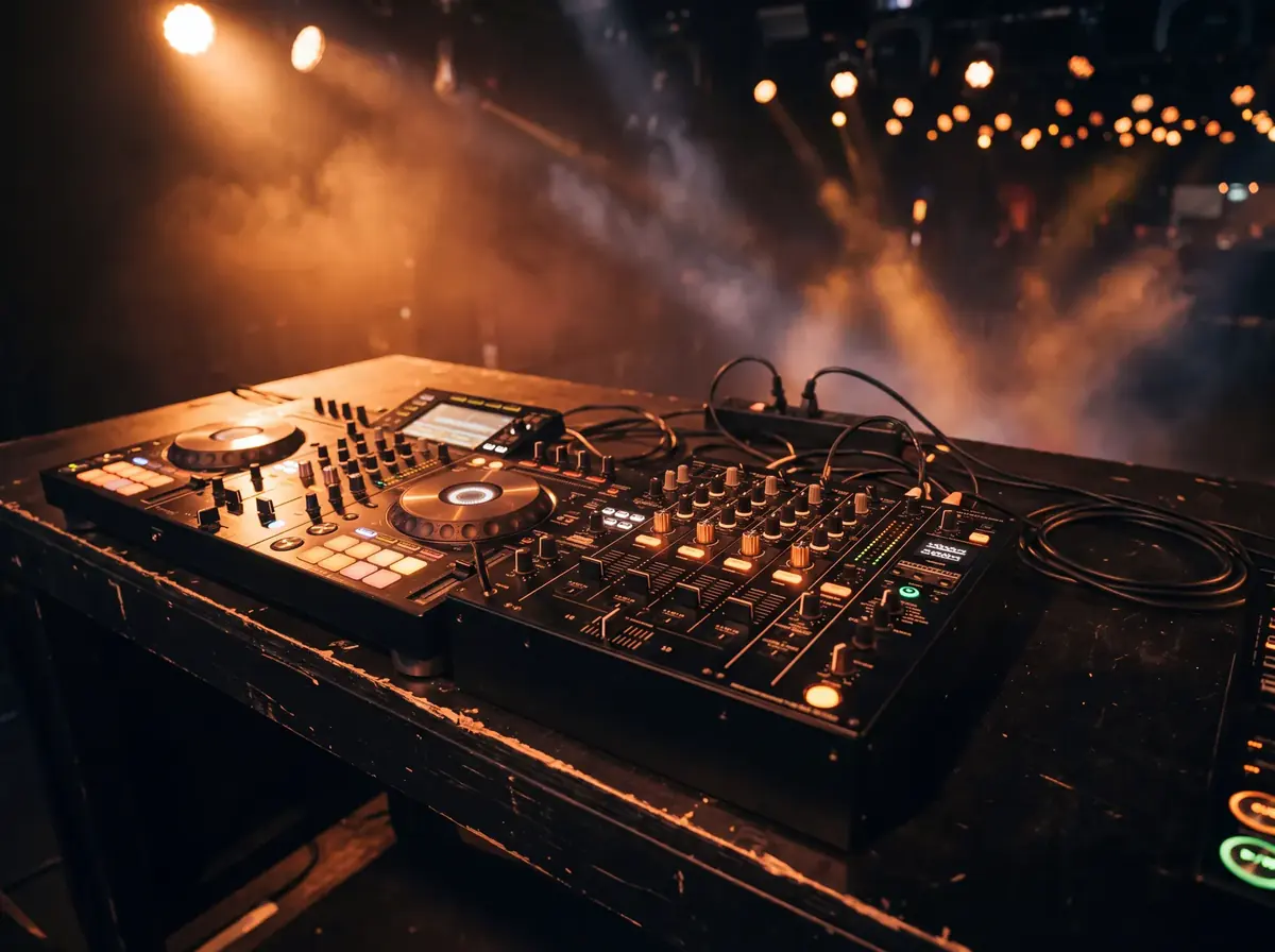 DJ-Controller und Mixer auf einem dunklen Pult in warmem orangefarbenem Licht und Nebel