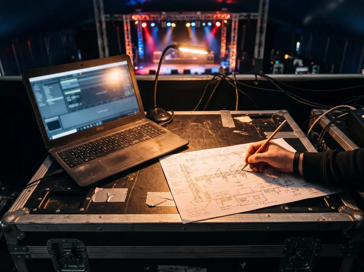 Laptop und gedruckter Bühnenplan auf einem Flightcase, eine Hand zeichnet mit Bleistift, im Hintergrund Bühnenlicht