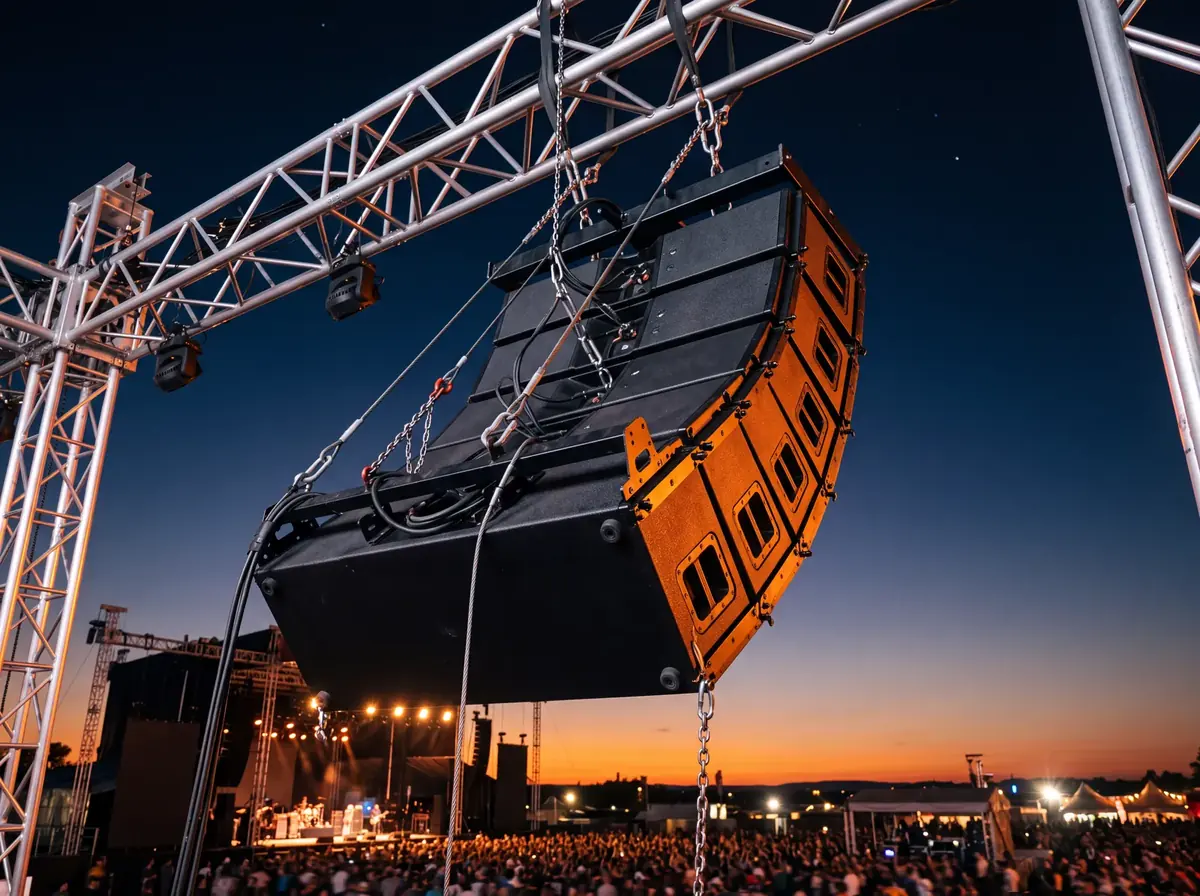 Line-Array-Lautsprecher an einer Traverse in der Abenddämmerung, im Hintergrund eine beleuchtete Bühne und Publikum